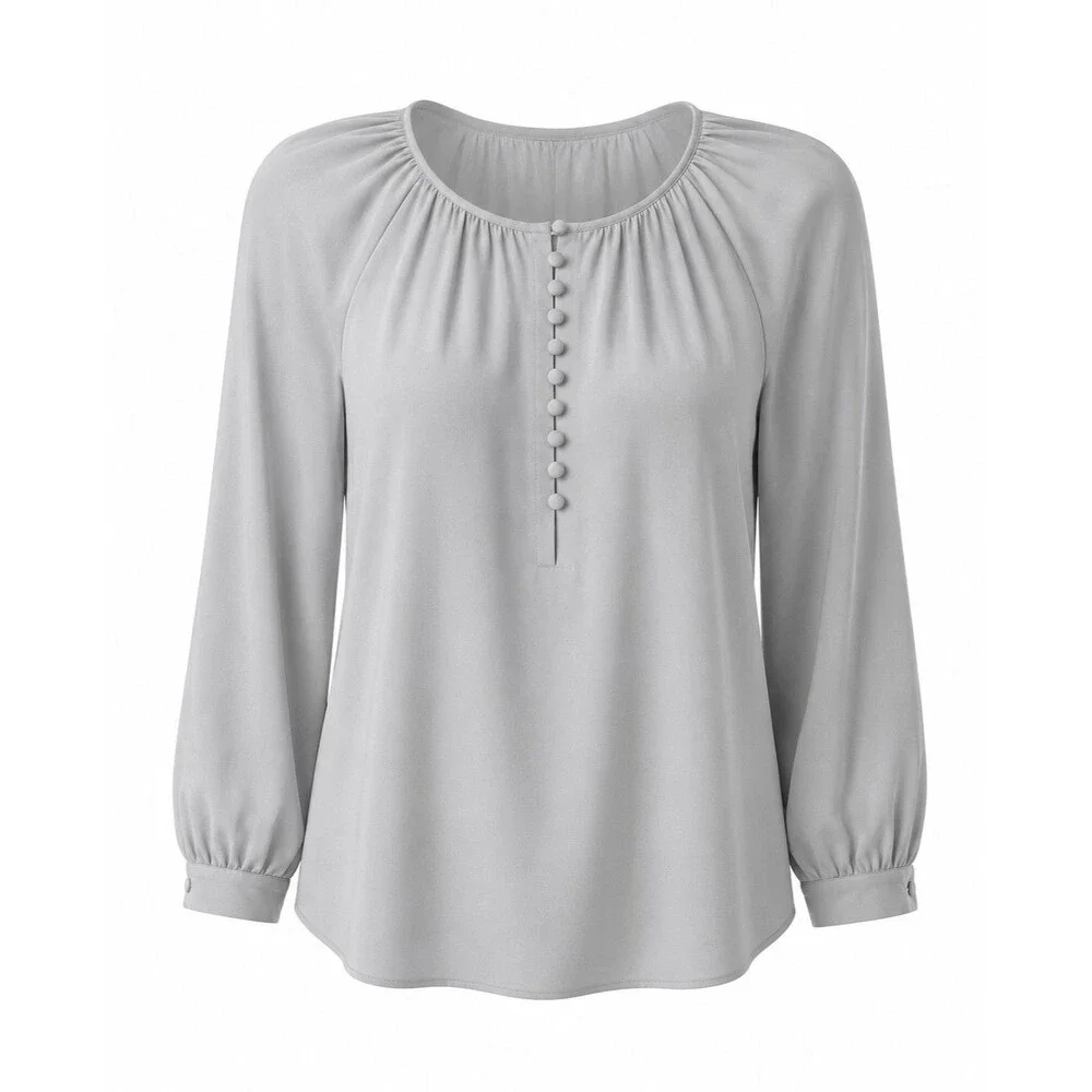 J. Crew Women's Light Gray Peasant Blouse Covered Button Neck 3/4 Sleeve Size M